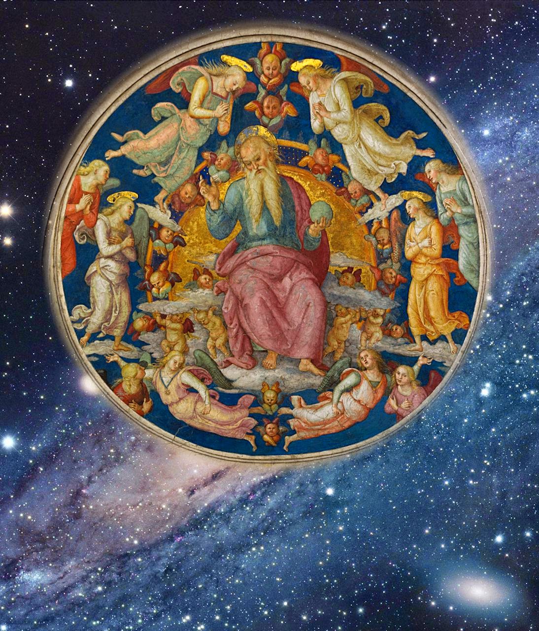 Deus Padre rodeado de anjos. Pietro Perugino (1450-1523), Vaticano. Fundo: galáxia Andrómeda, NGC 224, a mais parecida com a nossa galáxia.