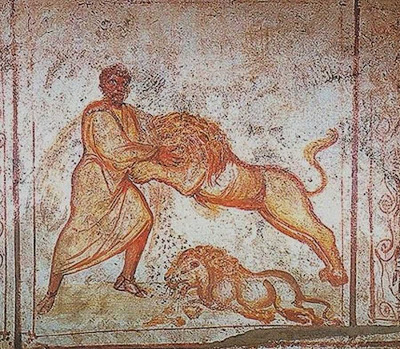 Sansão e o leão, mural da Catacumba de Via Latina, Roma 350-400 a.C.